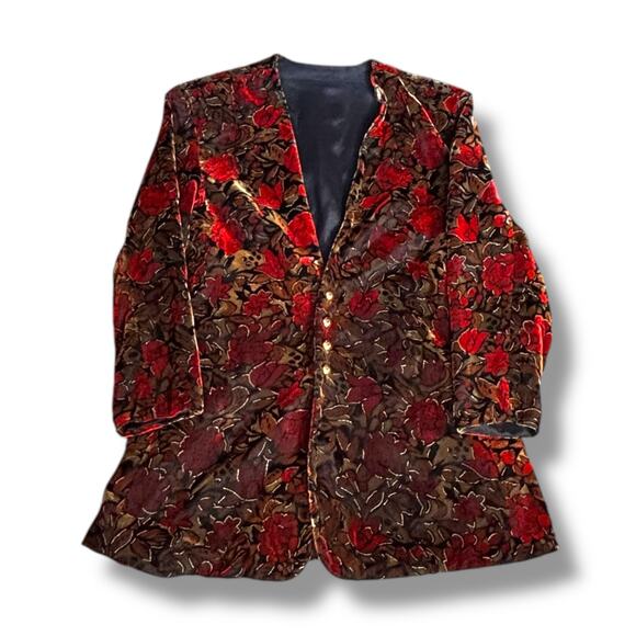Vintage 90s Velvet Floral Blazer Jacket Red Rose Pattern 3/4 Sleeve Button Front - Picture 1 of 8